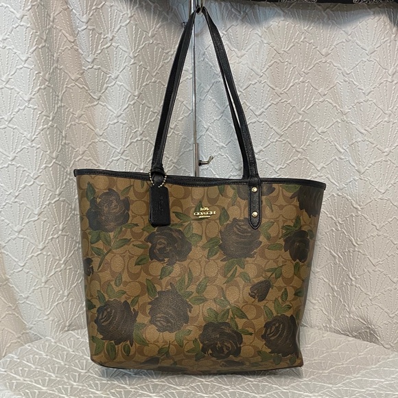 Coach Black Purple and Brown Floral Tote reversible signature easy clean shopper - Picture 1 of 17